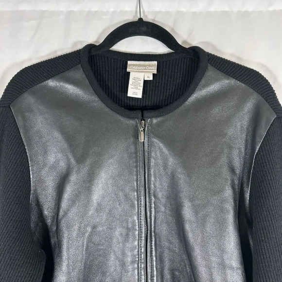 Coldwater Creek Jacket Women's XL Black Leather Wool Ribbed Full Zip Pockets - Picture 2 of 8